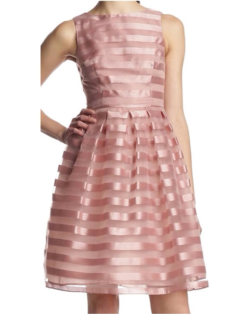 NWT London Times Blush Rose Gold Organza Striped Fit-and-Flare Dress Size 16